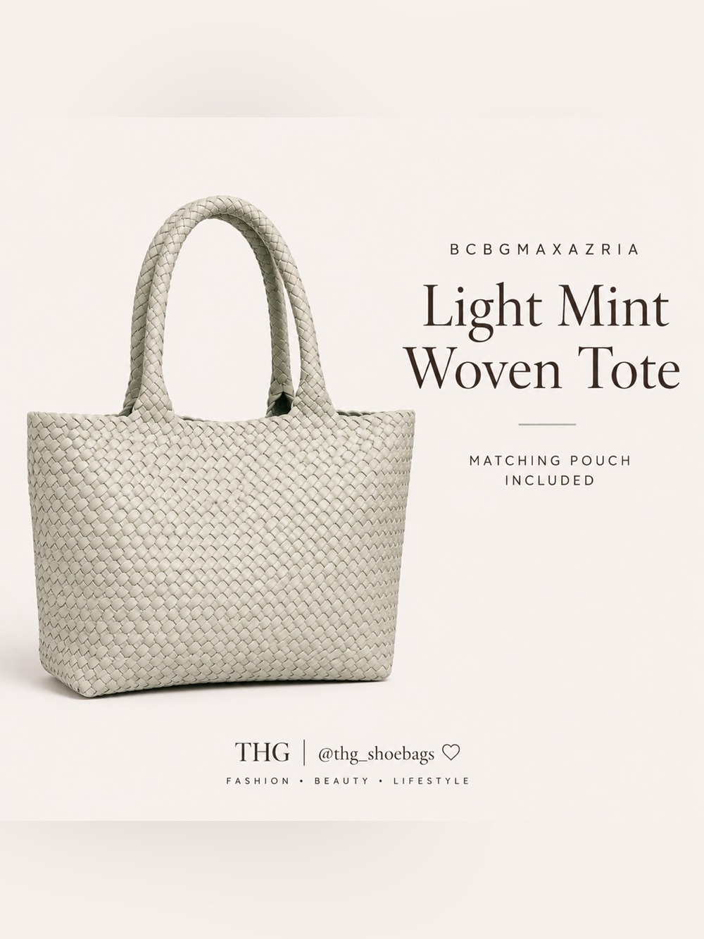 BCBGMAXAZRIA Light Mint Woven Tote Bag w/ Matching Zip Pouch